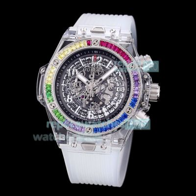 Hublot Big Bang Unico Skeleton Rainbow Replica Watch Transparent Case White Band